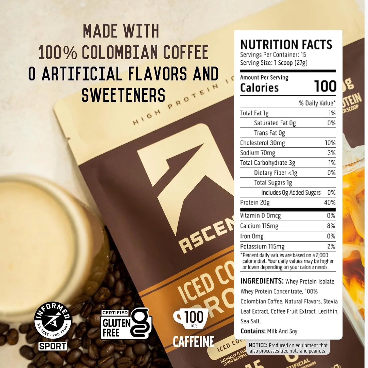 Iced Coffee Protein Powder - High Protein Coffee Powder, 20 G Protein & 100 Mg Caffeine from Premium Colombian Coffee, Zero Artificial Flavors & Sweeteners - 15 Servings