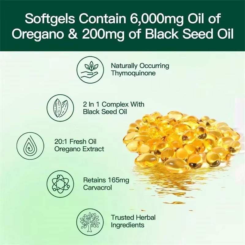 Oregano Oil Softgels - with Oregano & Black Seed Oil, for Digestion, Relieves Bloating, Boosts Immune, Antioxidant - 120Pcs