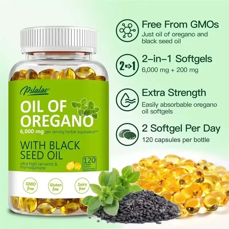 Oregano Oil Softgels - with Oregano & Black Seed Oil, for Digestion, Relieves Bloating, Boosts Immune, Antioxidant - 120Pcs
